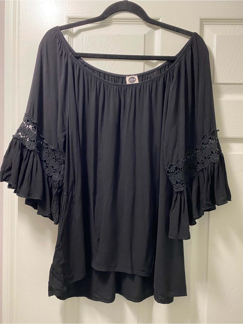 Flowy Black Rayon Bell-Sleeve Tunic Top
